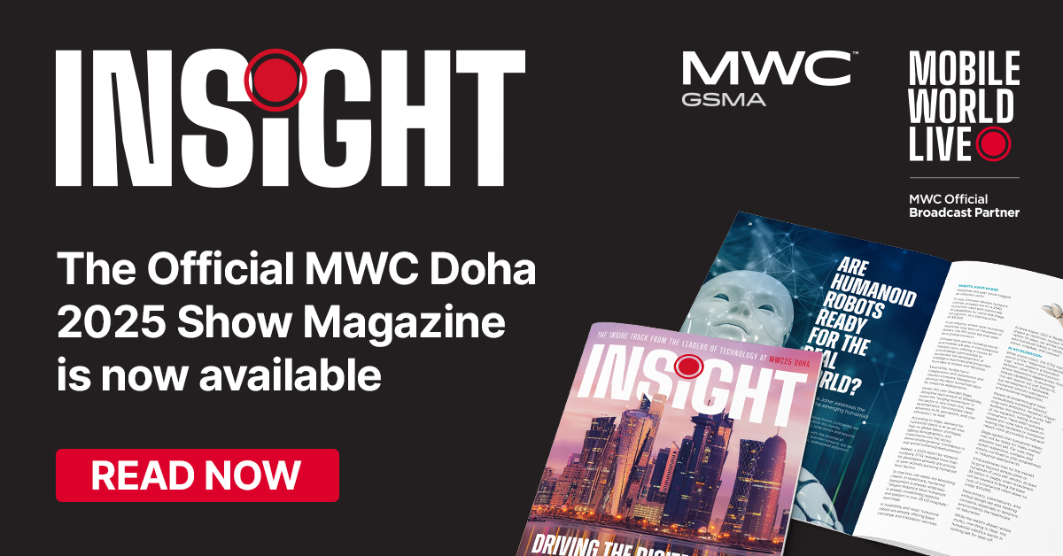 Digital ad promoting “INSIGHT,” the official MWC Doha 2025 show magazine. Shows two magazine covers—one with a cityscape, one featuring a robot face—with the text “Read Now.” MWC and Mobile World Live logos appear at the top right.