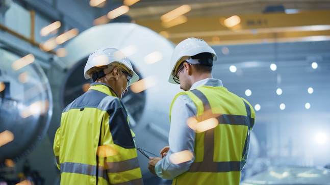 twoheavyindustryengineersstandinpipemanufacturingfactoryuse